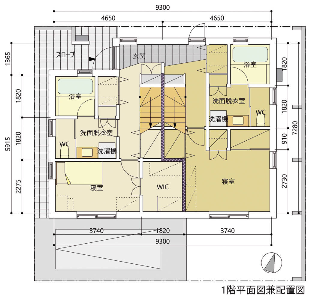 図1  東京に建つ3階建て二世帯住宅 平面図<br>敷地面積：125.8㎡、建築面積：71.4㎡、延床面積：187.1㎡<br>建ぺい率：56.7％、容積率：148.7％<br>設計：KSA 加藤 裕一